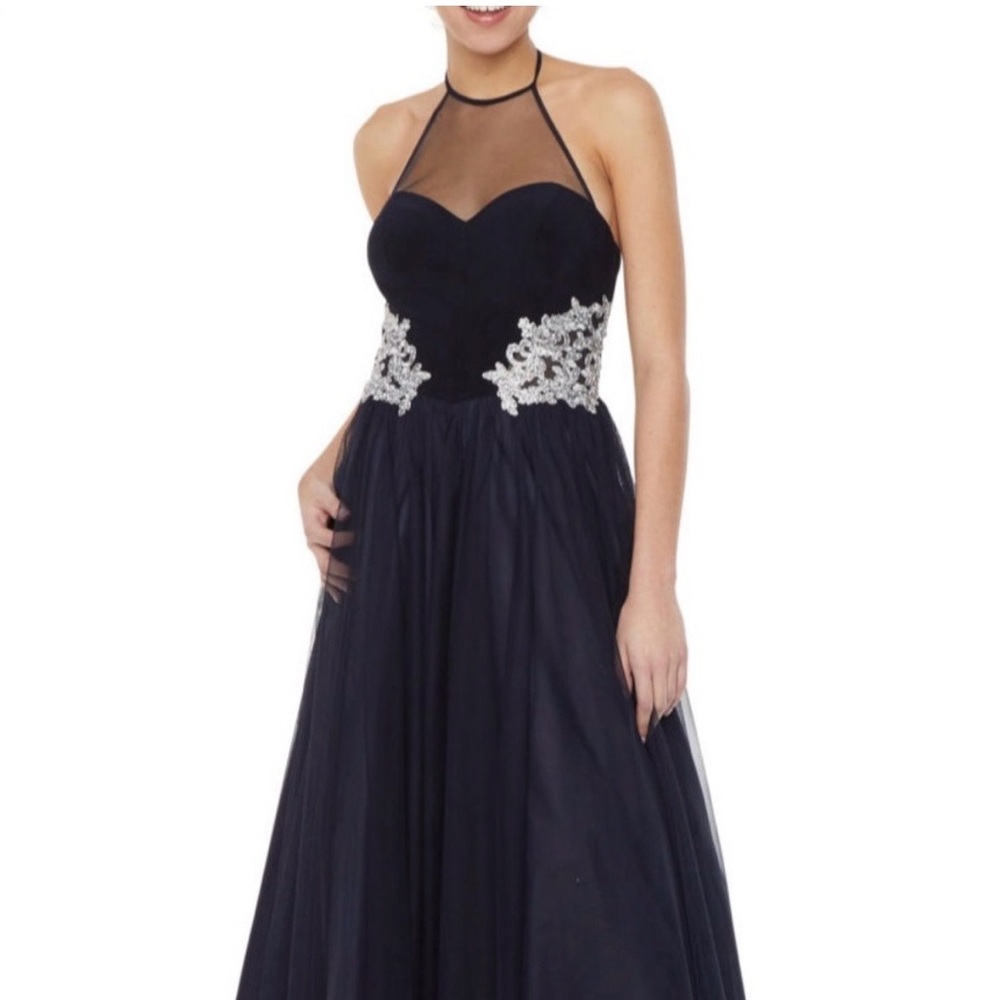 DJ-JAZ Navy Formal Evening Prom Gown w Silver Floral Waist Embellishment Size 13